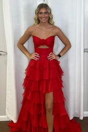 A-Line Strapless V-Neck Cut-out Layered Royal Blue Chiffon Prom Dress, Slit
