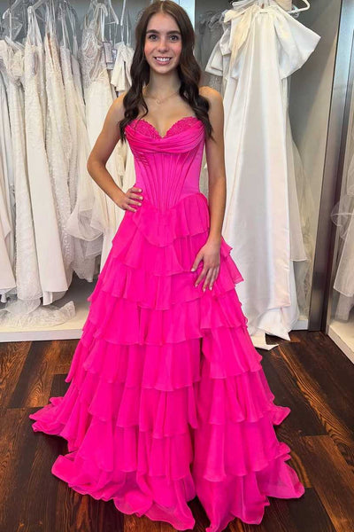 A-line Strapless Sweetheart Lilac Satin Chiffon Layered Long Prom Dress, Slit