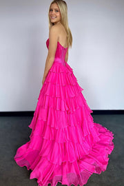 A-line Strapless Sweetheart Lilac Satin Chiffon Layered Long Prom Dress, Slit
