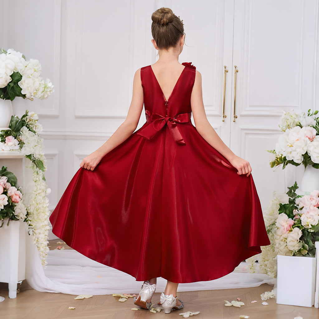 Vestido de Festa Formal Longo Vermelho em Cetim, Sem Mangas, Decote em V, Corte A, com Laços e Flores