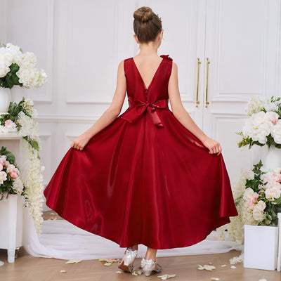 Robe de fête formelle longue sans manches en satin rouge en A, avec nœuds et fleurs