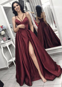 Vestido de fiesta formal de prom con tirantes en A, escote en V, sin mangas, con abertura, de satén elástico y largo hasta el suelo.