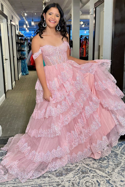 Off Shoulder Corset Ruffles Tiered Sequined Tulle Floor Length Prom Dress, Slit