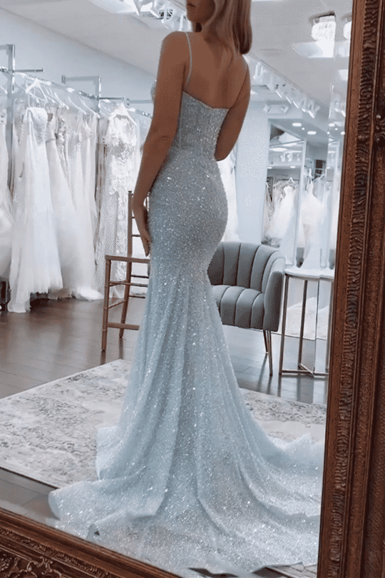 Mermaid Spaghetti Straps Glitter Sequins Long Sweep Train Prom Formal Dress