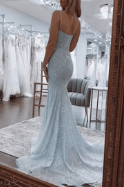 Mermaid Spaghetti Straps Glitter Sequins Long Sweep Train Prom Formal Dress