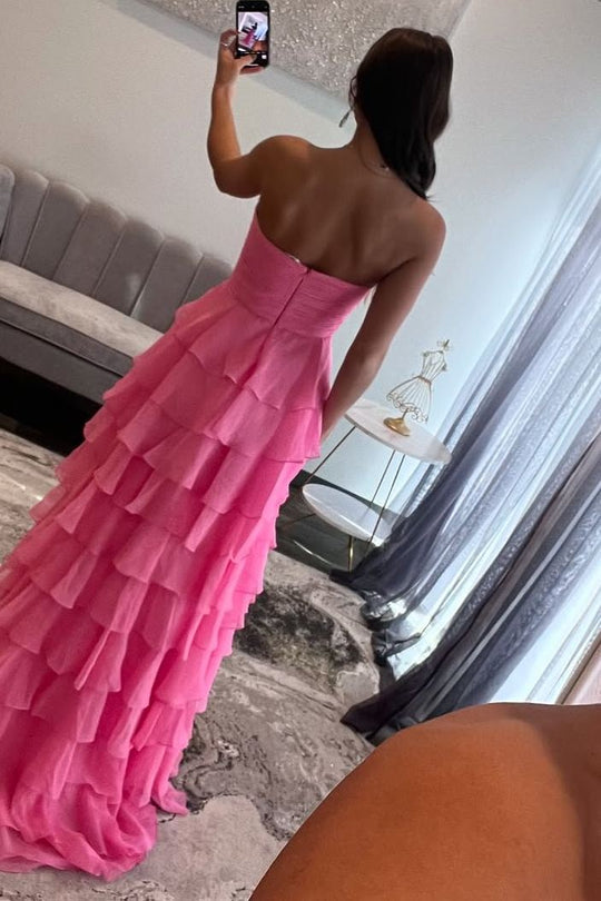 Sweet Pink A-Line Strapless Beaded Layered Chiffon Long Prom Dress Evening Dress main image 0