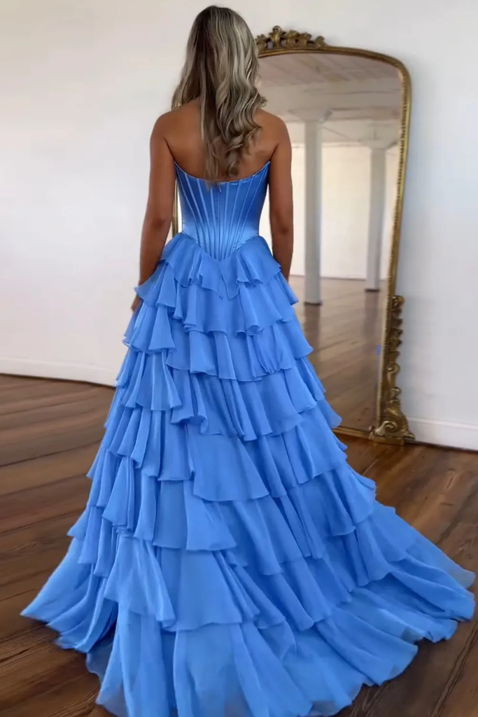 A-line Strapless Sweetheart Lilac Satin Chiffon Layered Long Prom Dress, Slit