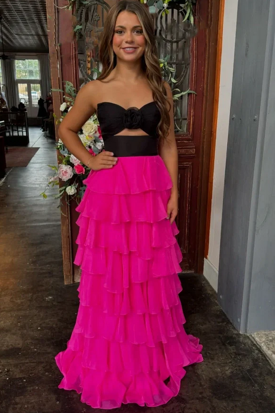 A-Line Strapless V-Neck Cut-out Layered Royal Blue Chiffon Prom Dress, Slit