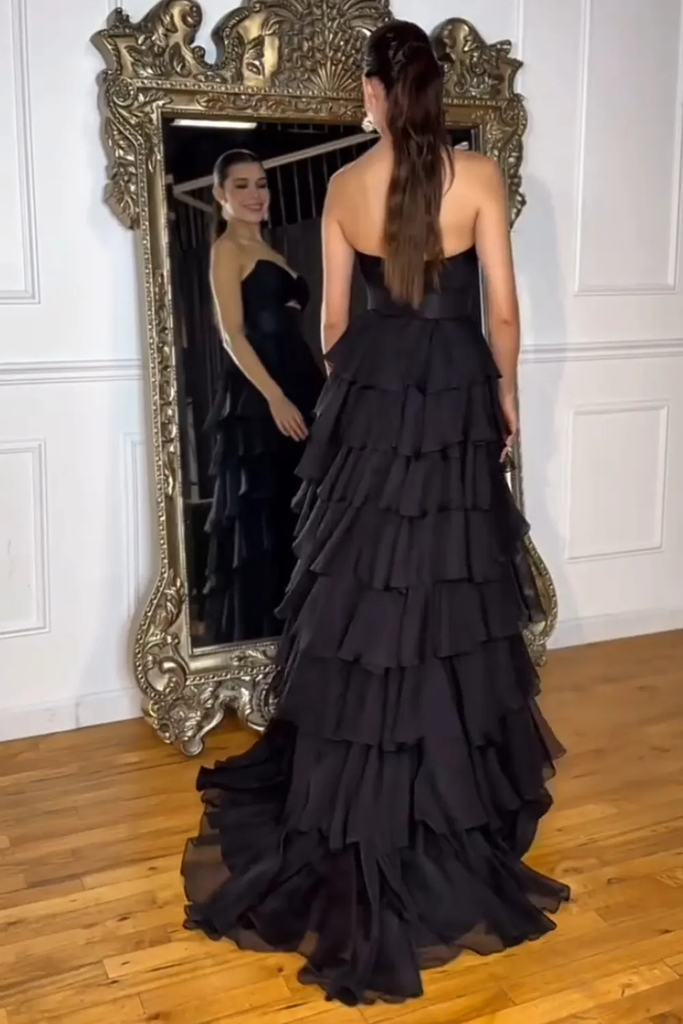 A-Line Strapless V-Neck Cut-out Layered Royal Blue Chiffon Prom Dress, Slit