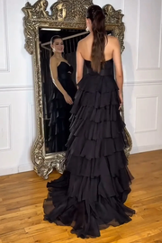 A-Line Strapless V-Neck Cut-out Layered Royal Blue Chiffon Prom Dress, Slit