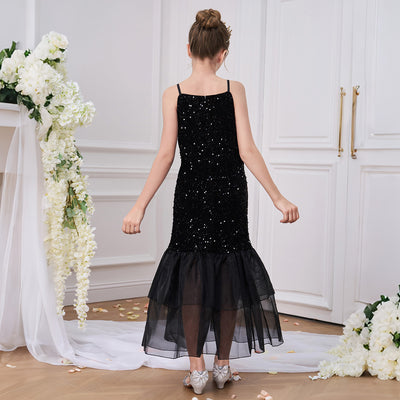 Robe de fête pour fille en tulle à sequins noirs sirène avec bretelles spaghetti, longueur thé