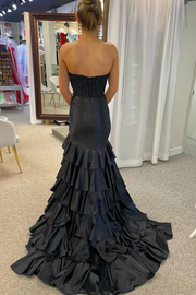 Strapless Scoop Tiered Pleated Fuchsia Satin Mermaid Sweep Prom Dress, Slit