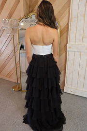 A-Line Strapless V-Neck Cut-out Layered Royal Blue Chiffon Prom Dress, Slit