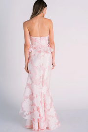 Mermaid Floral Printing Strapless Sweetheart Pink Stain Ruffled Long Prom Dress