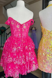A-line Off Shoulder Sweetheart Layered Short Sequin Lace Tulle Homecoming Dress