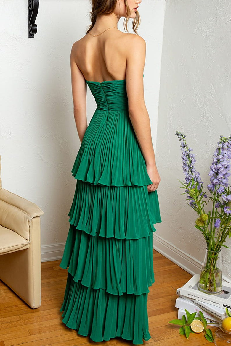 green ruffle strapless dress Emerald Ruched Multi-Layer Chiffon Long Formal Prom Pa Gucci Green Silk Gown