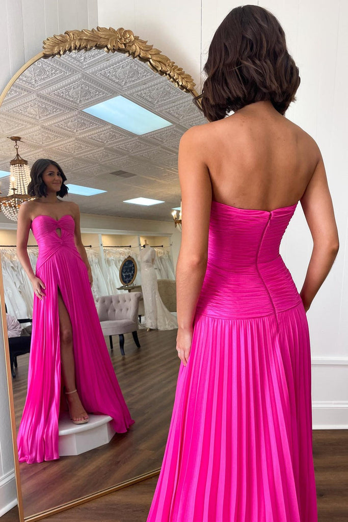 A-line Strapless Knot Cutout Pleats Mint Chiffon Sweep Train Prom Dress, Slit