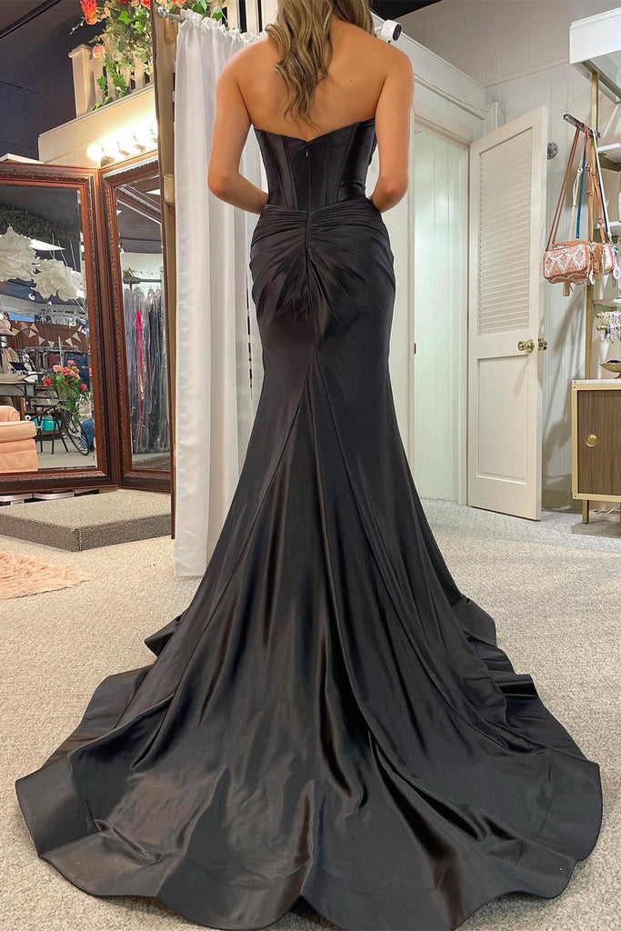Vestido de Festa de Cetim Comprido com Cauda, Sem Alças, com Recortes, Fenda, Estilo Sereia