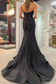 Vestido de Festa de Cetim Comprido com Cauda, Sem Alças, com Recortes, Fenda, Estilo Sereia