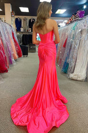 Vestido de Festa de Cetim Comprido com Cauda, Sem Alças, com Recortes, Fenda, Estilo Sereia