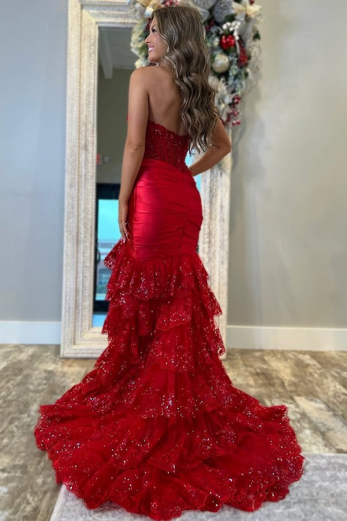 Mermaid Strapless V-Neck Pleated Layered Red Sequined Satin Prom Dress, Slit