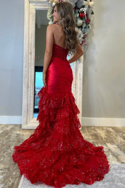 Mermaid Strapless V-Neck Pleated Layered Red Sequined Satin Prom Dress, Slit