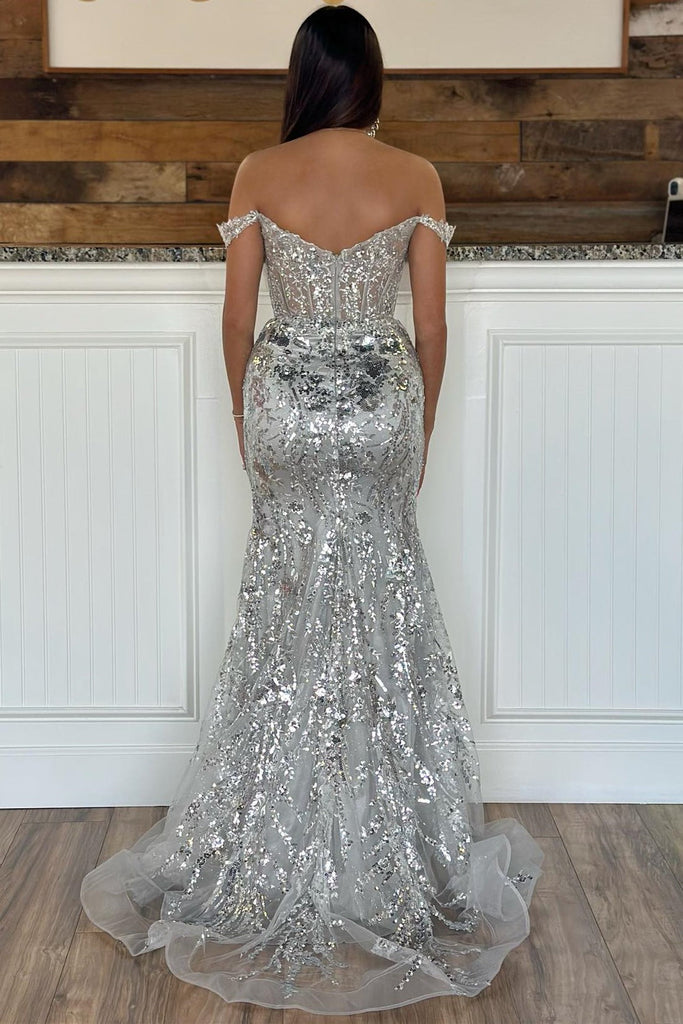 Vestido de Festa Mermaid Ombro a Ombro com Decote Coração, Lantejoulas Douradas, Renda, Cauda Varredura, Fenda