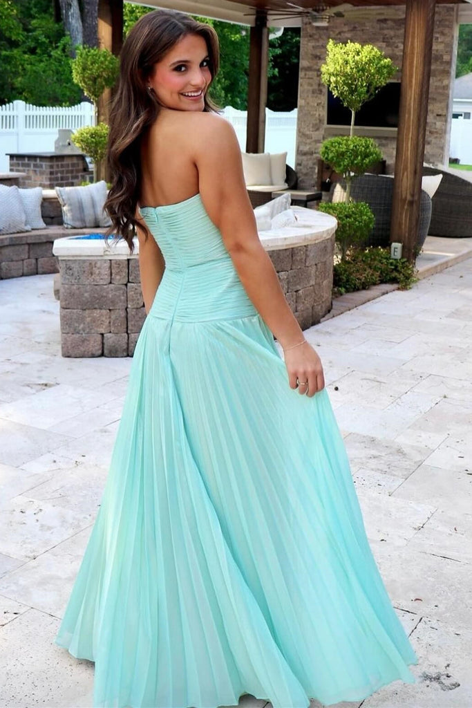 A-line Strapless Knot Cutout Pleats Mint Chiffon Sweep Train Prom Dress, Slit