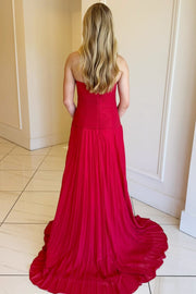 A-line Strapless Knot Cutout Pleats Mint Chiffon Sweep Train Prom Dress, Slit