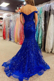 Vestido de Festa Mermaid Ombro a Ombro com Decote Coração, Lantejoulas Douradas, Renda, Cauda Varredura, Fenda