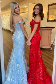 Vestido de Festa Mermaid Ombro a Ombro com Decote Coração, Lantejoulas Douradas, Renda, Cauda Varredura, Fenda