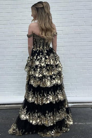 A-line Off Shoulder Sweetheart Sequin Lace Tulle Tiered Long Prom Dress, Slit