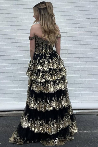 A-line Off Shoulder Sweetheart Sequin Lace Tulle Tiered Long Prom Dress, Slit