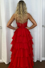 A-Line Strapless V-Neck Cut-out Layered Royal Blue Chiffon Prom Dress, Slit