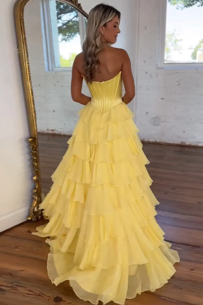 A-line Strapless Sweetheart Lilac Satin Chiffon Layered Long Prom Dress, Slit