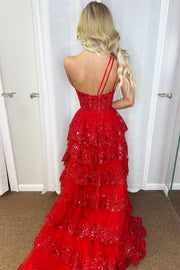 A-line Fuchsia One Shoulder Corset Lace Tulle Ruffled Tiered Prom Dress, Slit