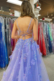 A-line Beaded Sequine Sheer Corset Lavender Tulle Formal Party Prom Dress, Slit
