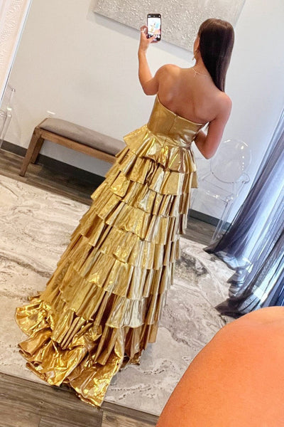 Metallic Corset Strapless Sweetheart Ruffle Tiered Floor Length Prom Dress
