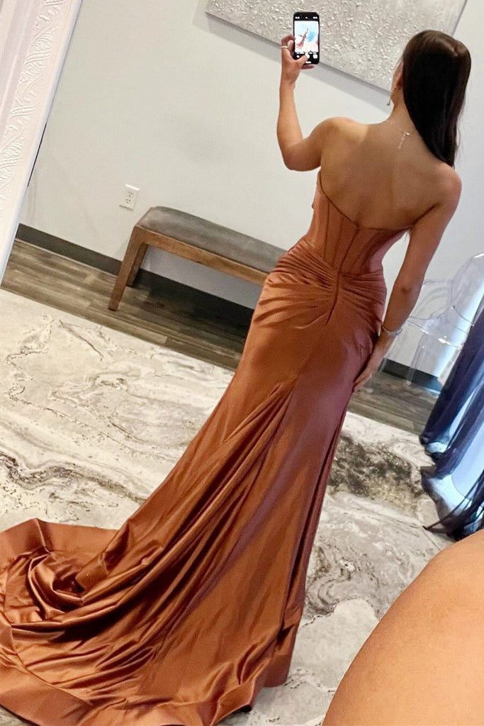 Vestido de Festa de Cetim Comprido com Cauda, Sem Alças, com Recortes, Fenda, Estilo Sereia