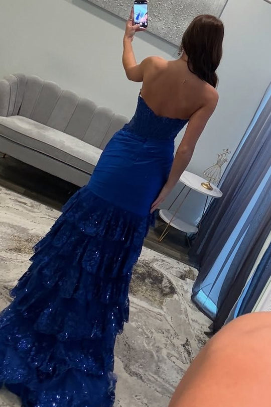 Mermaid Strapless V-Neck Pleated Layered Red Sequined Satin Prom Dress, Slit