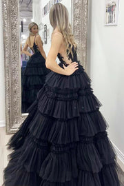 Straps Plunging Sleeveless Ruffle Tiered Cupcake Tulle Long Ball Gown, Beaded Lace