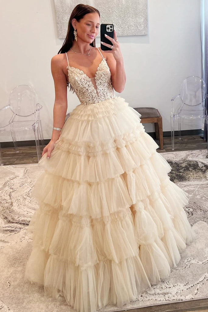 Straps Plunging Sleeveless Ruffle Tiered Cupcake Tulle Long Ball Gown, Beaded Lace