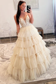 Straps Plunging Sleeveless Ruffle Tiered Cupcake Tulle Long Ball Gown, Beaded Lace