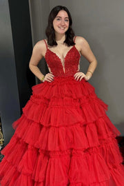 Straps Plunging Sleeveless Ruffle Tiered Cupcake Tulle Long Ball Gown, Beaded Lace