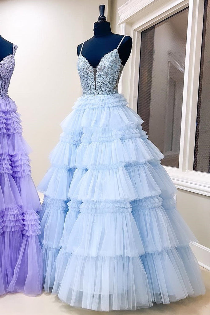 Straps Plunging Sleeveless Ruffle Tiered Cupcake Tulle Long Ball Gown, Beaded Lace