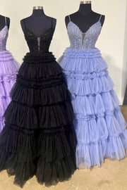 Straps Plunging Sleeveless Ruffle Tiered Cupcake Tulle Long Ball Gown, Beaded Lace