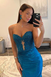 Strapless Sweetheart Beaded Purple Satin Floor Length Sweep Train Prom Dress, Slit