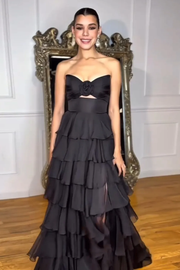 A-Line Strapless V-Neck Cut-out Layered Royal Blue Chiffon Prom Dress, Slit