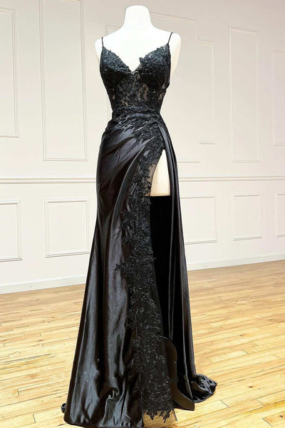 Spaghetti Straps V-Neck Lace-Up Black Satin Floor Length Prom Gown, Lace Appliques Slit
