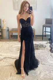 Mermaid Strapless Sweetheart Tulle Long Sweep Formal Party Prom Dress, Slit